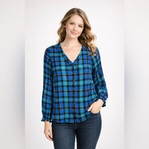 J. Jill Women’s Plaid Button Front Blouse Top Blue Light Spring Long Sleeve Sz M
